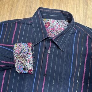 Bugatchi Uomo Long Sleeve Button Down Shirt Mens L Black And Multicolor Stripe